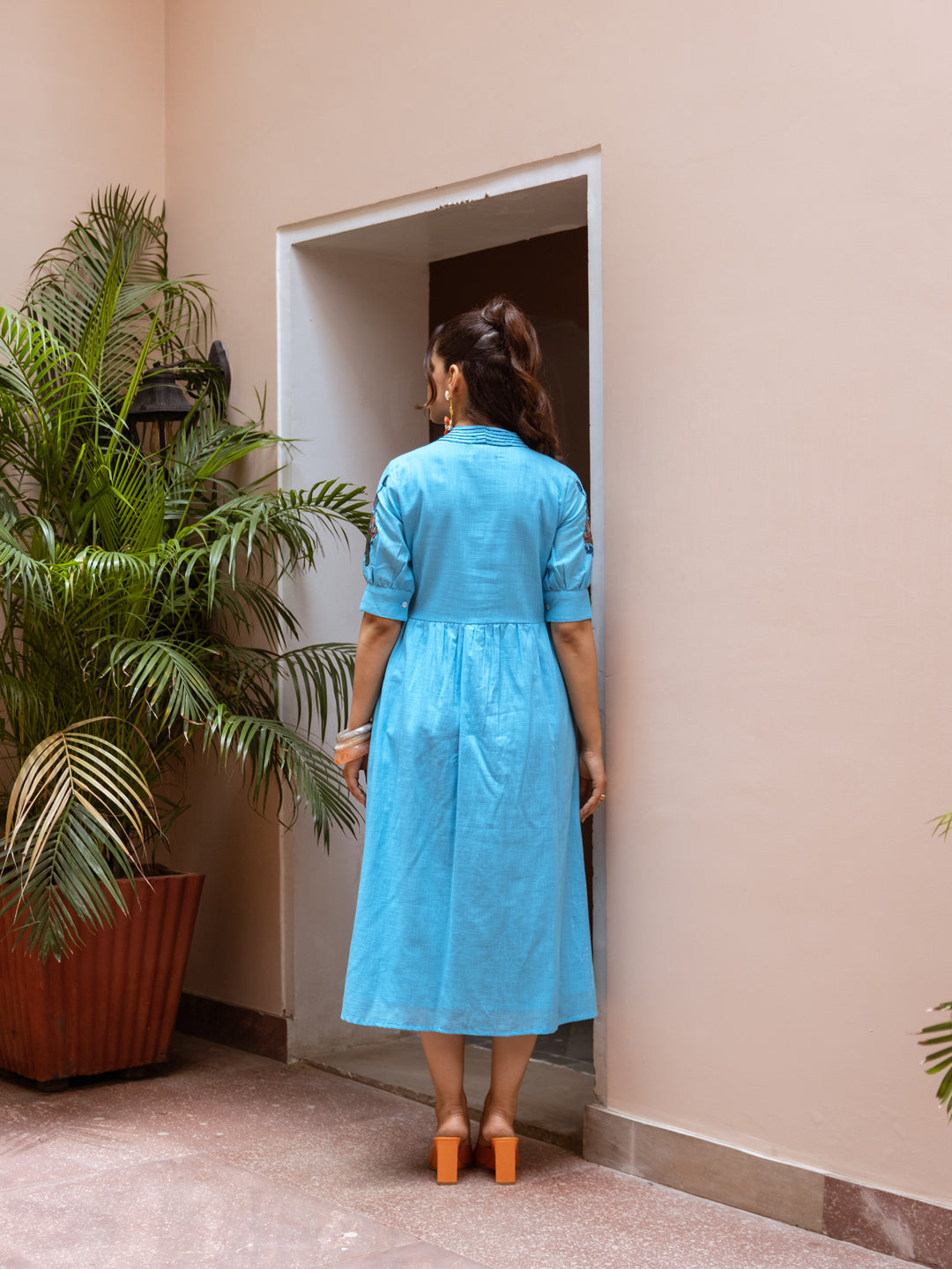 Azure Bloom Embroidered Cotton Midi Dress