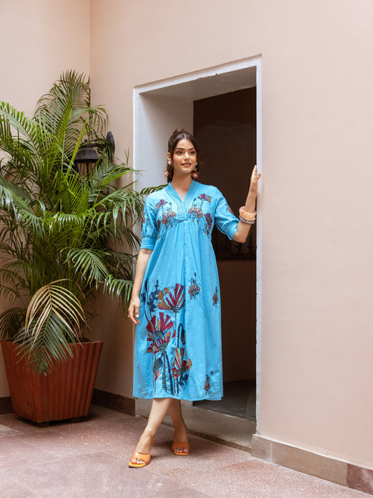 Azure Bloom Embroidered Cotton Midi Dress