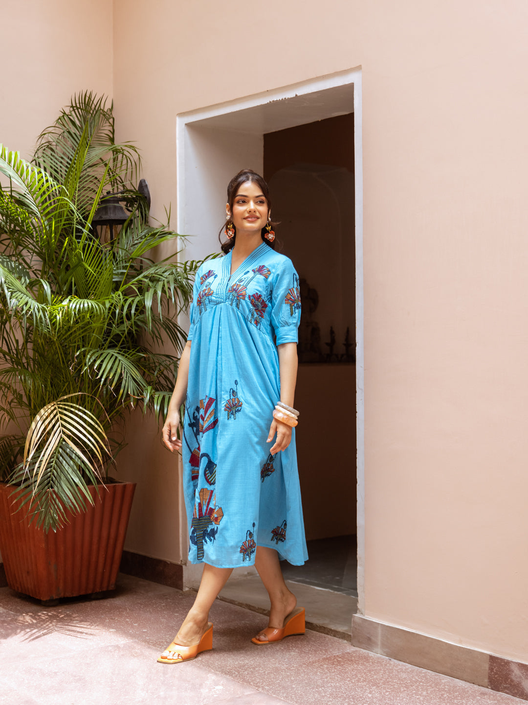 Azure Bloom Embroidered Cotton Midi Dress