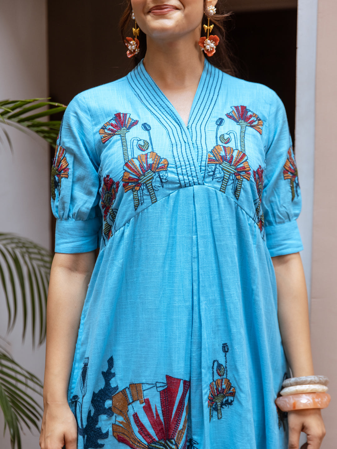 Azure Bloom Embroidered Cotton Midi Dress