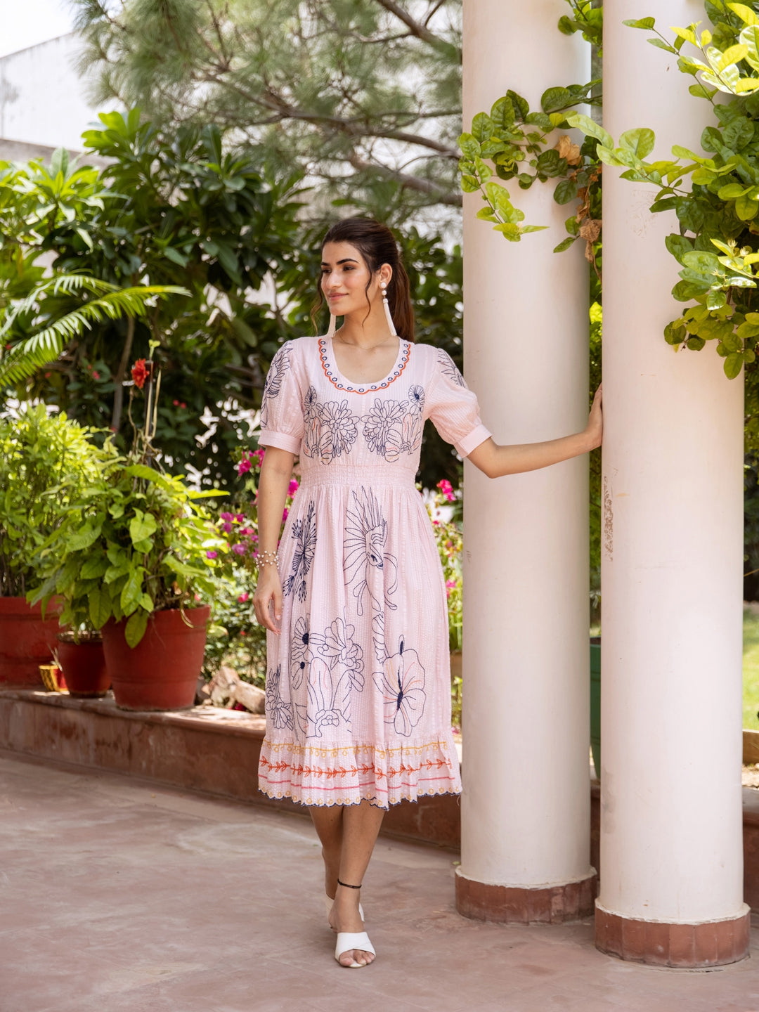 Scarlet Elegance Pink Floral Cotton Embroidered Dress