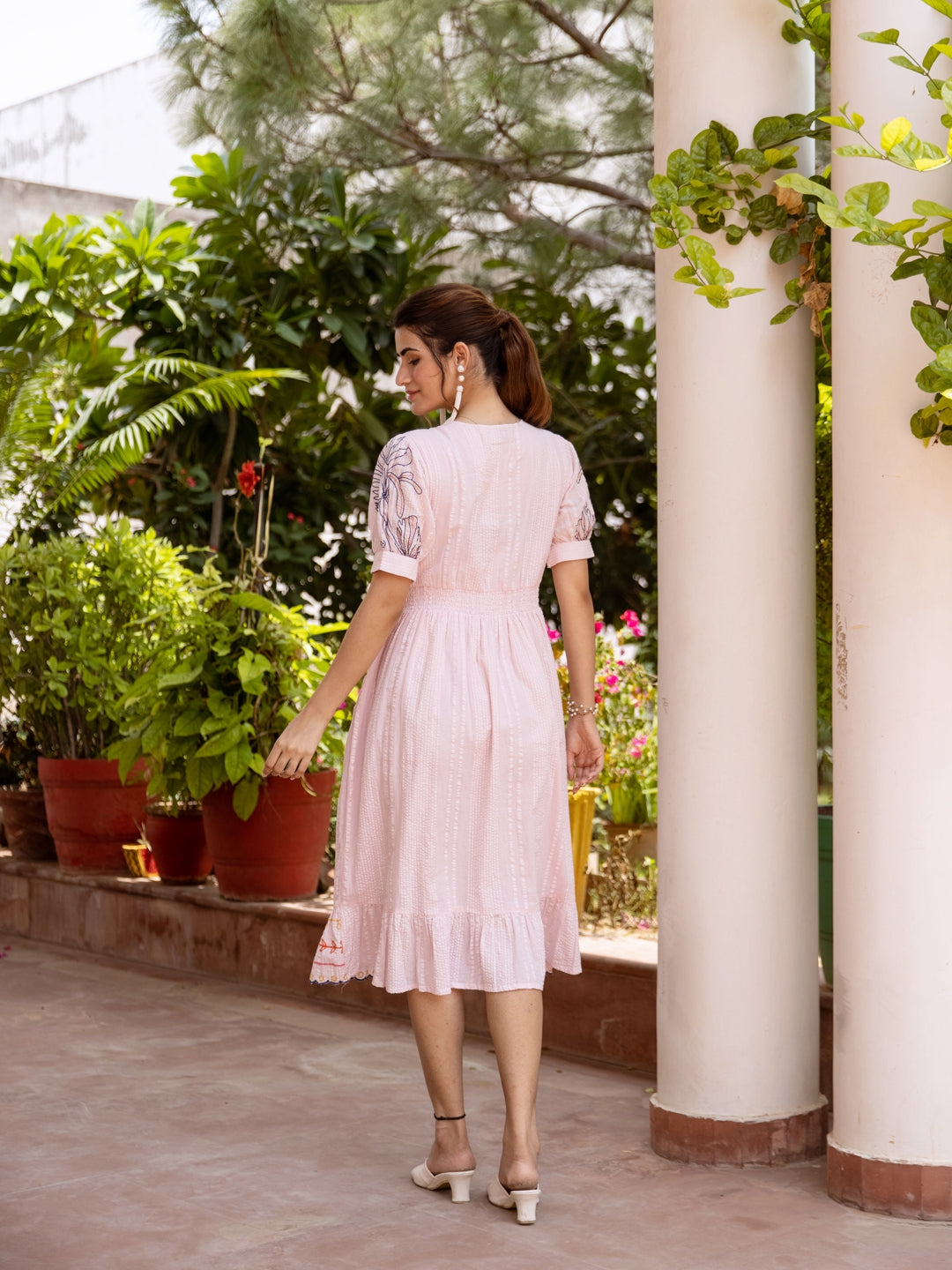 Scarlet Elegance Pink Floral Cotton Embroidered Dress