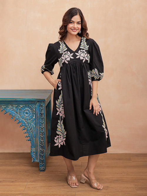 Midnight Bloom Cotton Embroidered Long Dress