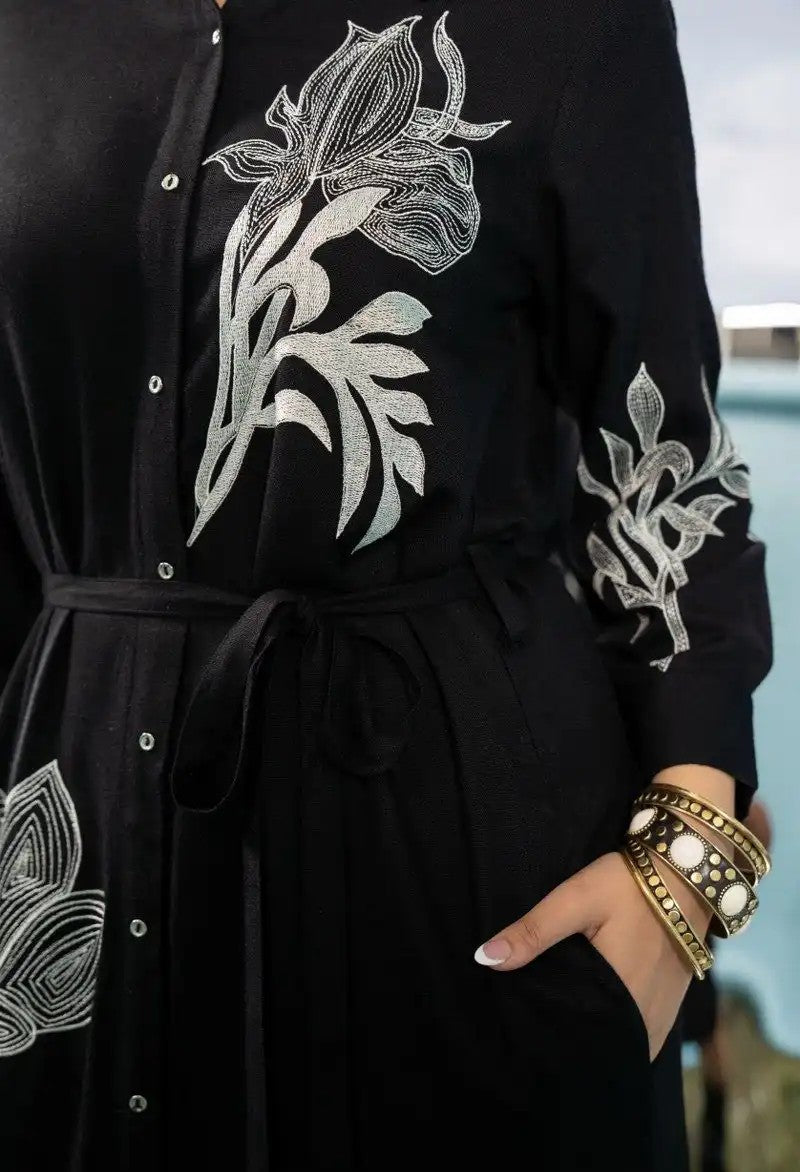 Ink Garden Elegance Cotton Embroidered Long Dress