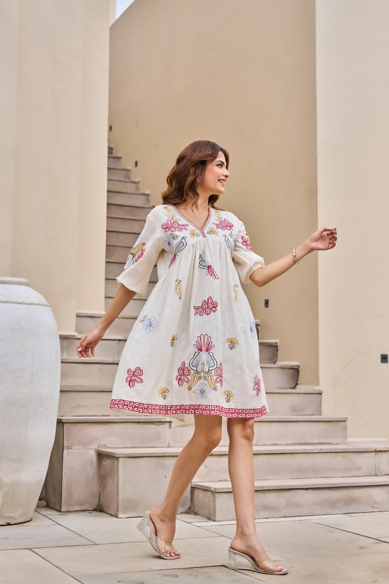 Avian Blossom Melody Cotton Embroidered Dress