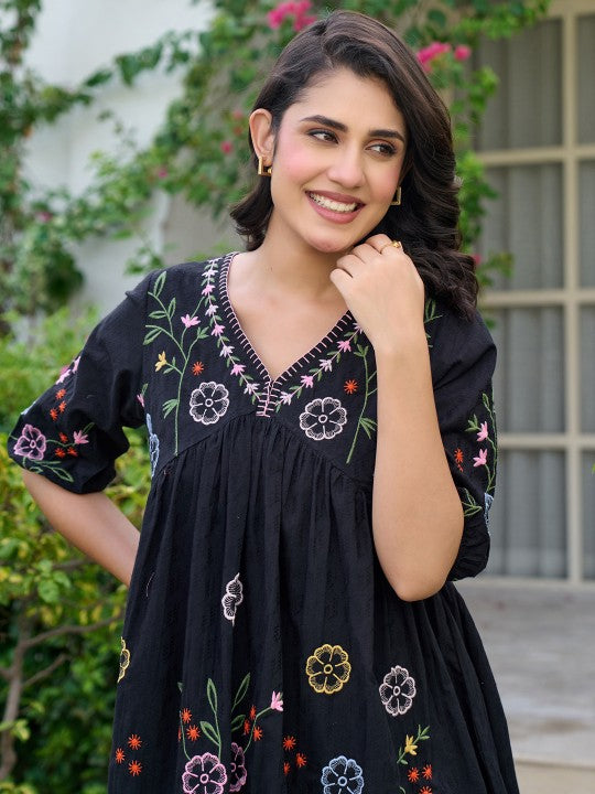 Moonlit Flora Cotton Embroidered Short Frock