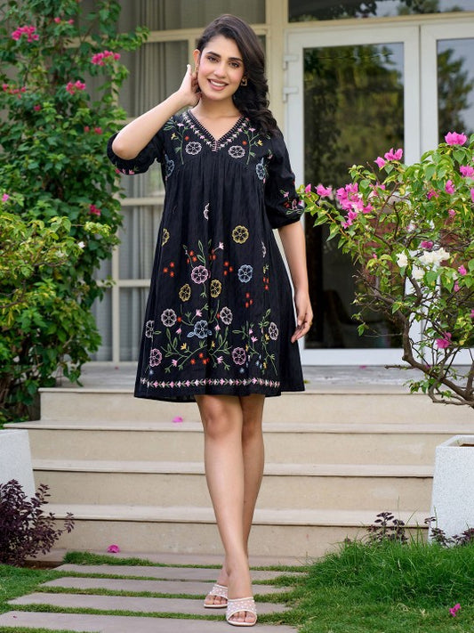 Moonlit Flora Cotton Embroidered Short Frock