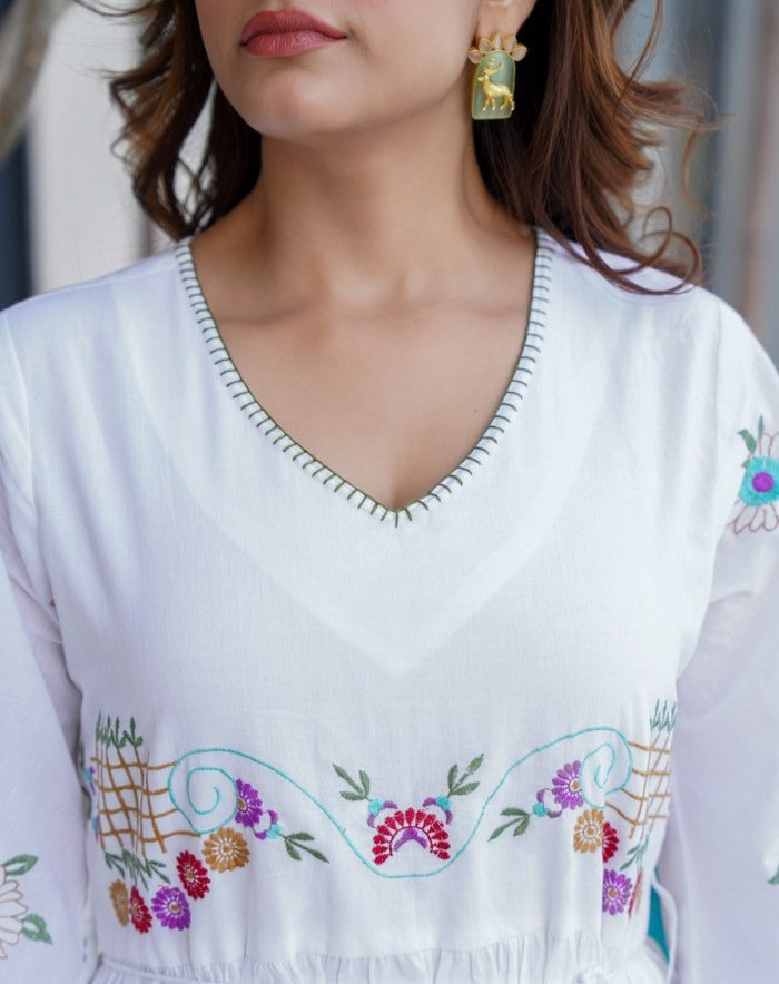 Floral Charm Pure Cotton Embroidered Midi Dress