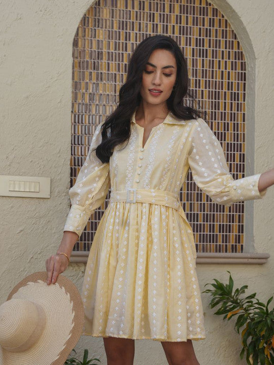 Marigold Whisper Cotton Embroidered Short Dress