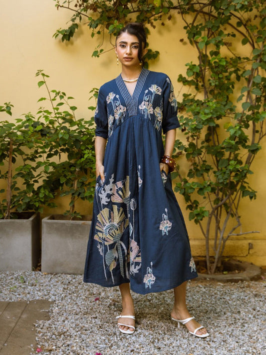 Midnight Garden Embroidered Cotton Maxi Dress