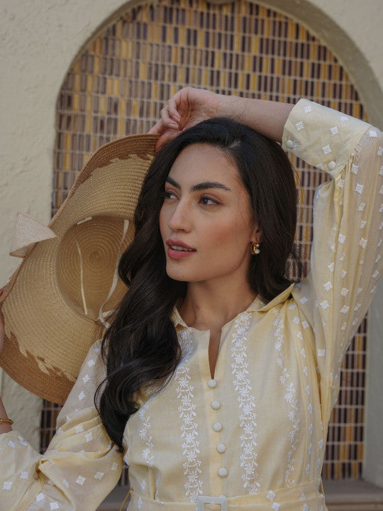 Marigold Whisper Cotton Embroidered Short Dress