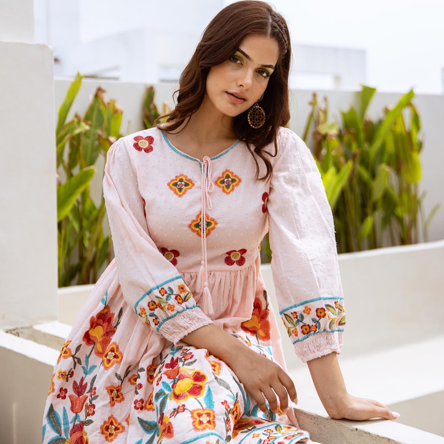 Sunny Blossoms: Light Pink Floral Embroidered Summer Dress