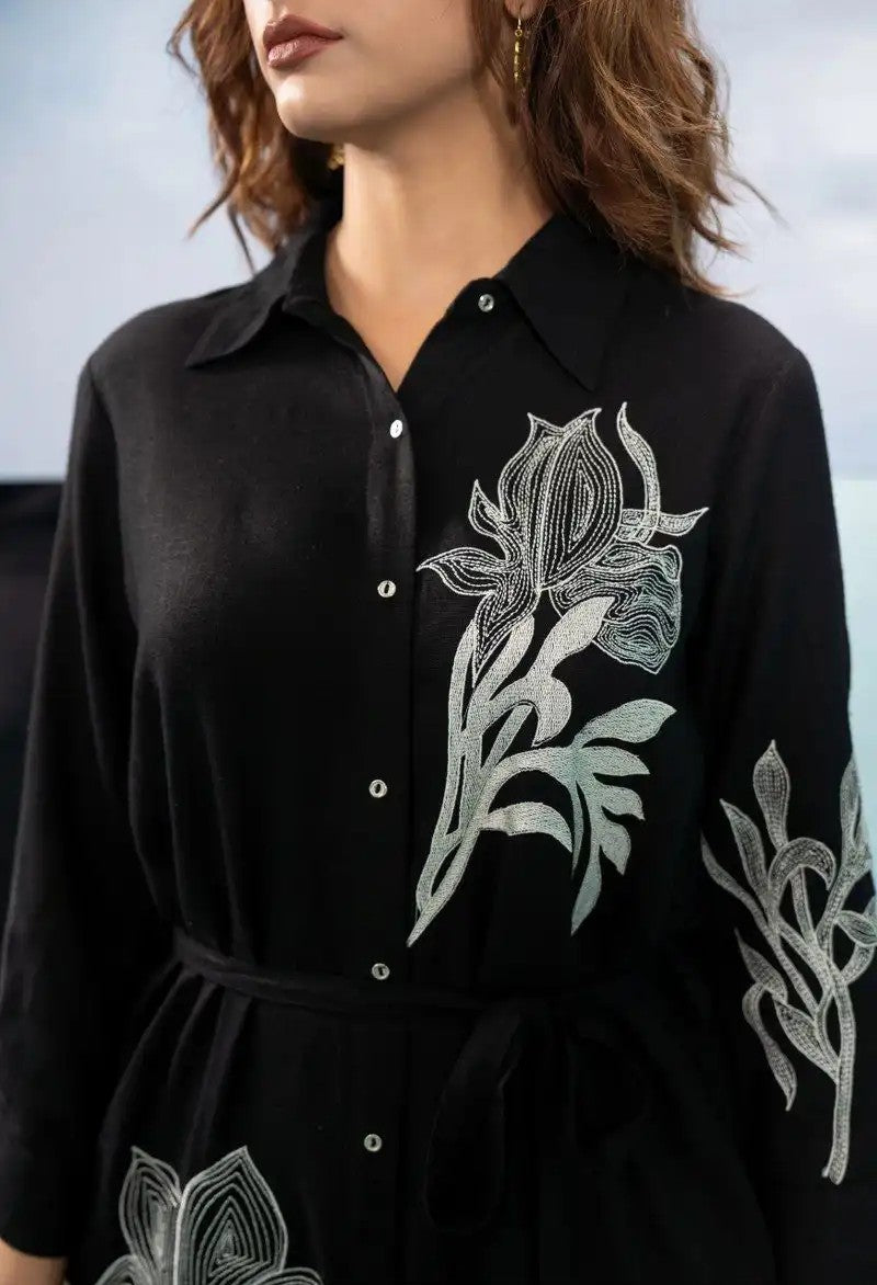 Ink Garden Elegance Cotton Embroidered Long Dress