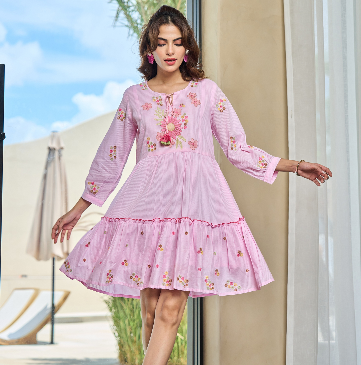 Pink Petal Embroidered Pure Cotton Short Dress