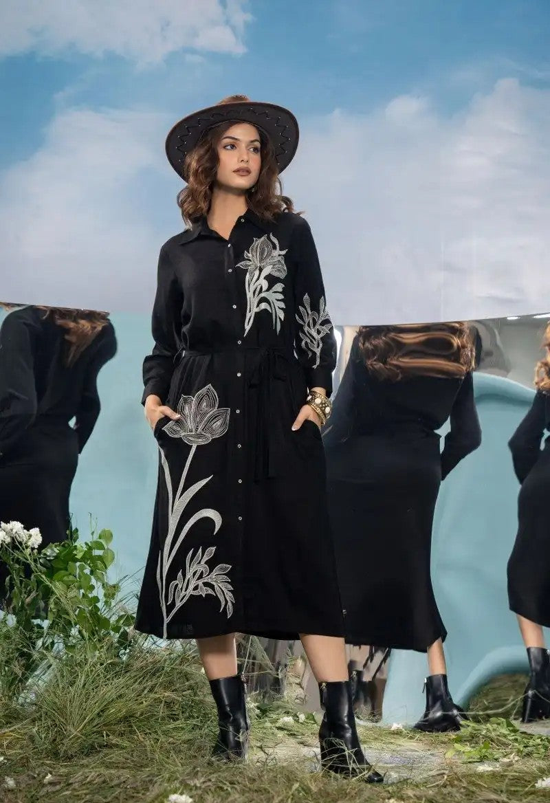 Ink Garden Elegance Cotton Embroidered Long Dress