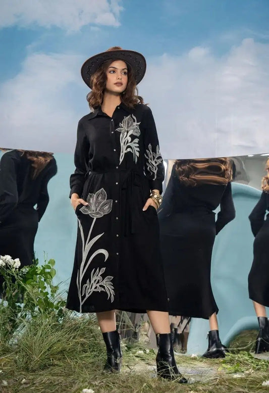 Ink Garden Elegance Cotton Embroidered Long Dress