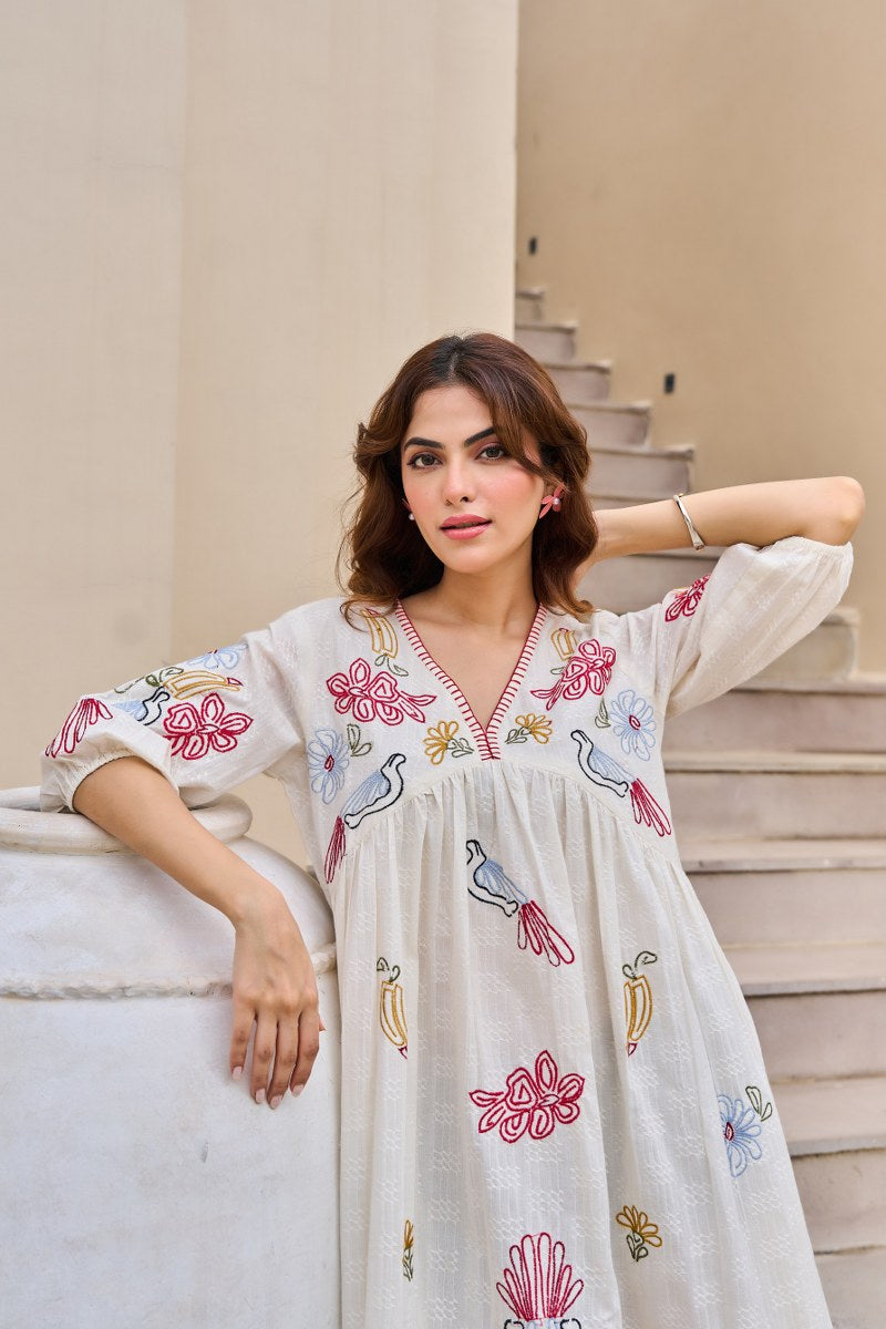 Avian Blossom Melody Cotton Embroidered Dress