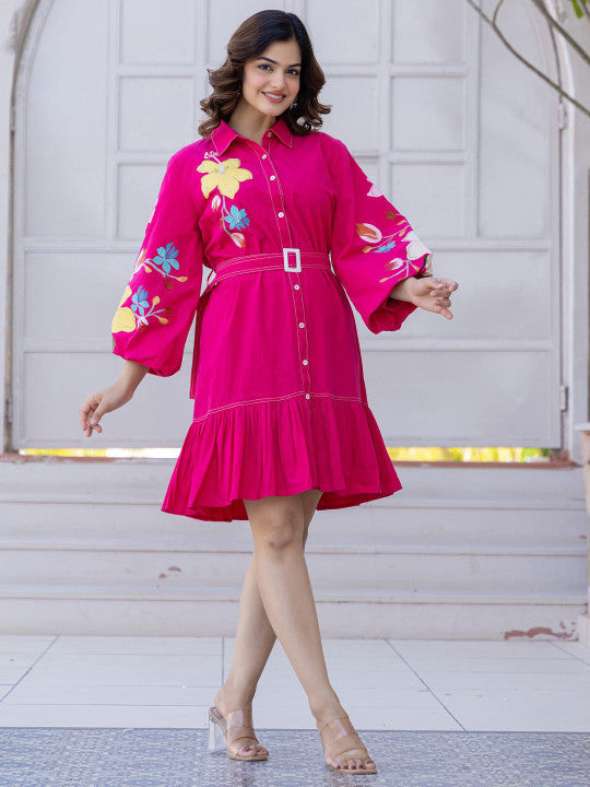 Fuchsia Charm Embroidered Short Dress