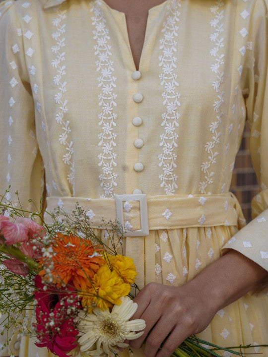Marigold Whisper Cotton Embroidered Short Dress