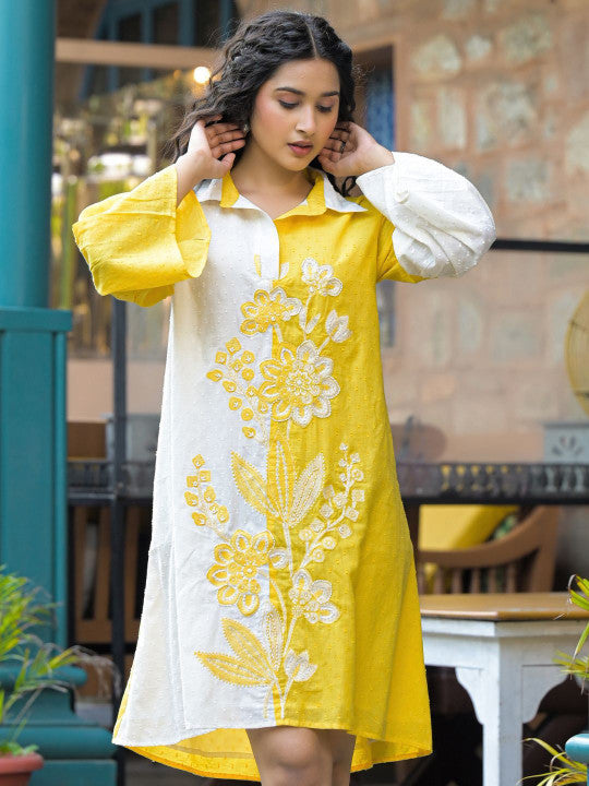 Marigold Mist Cotton Embroidered Dress