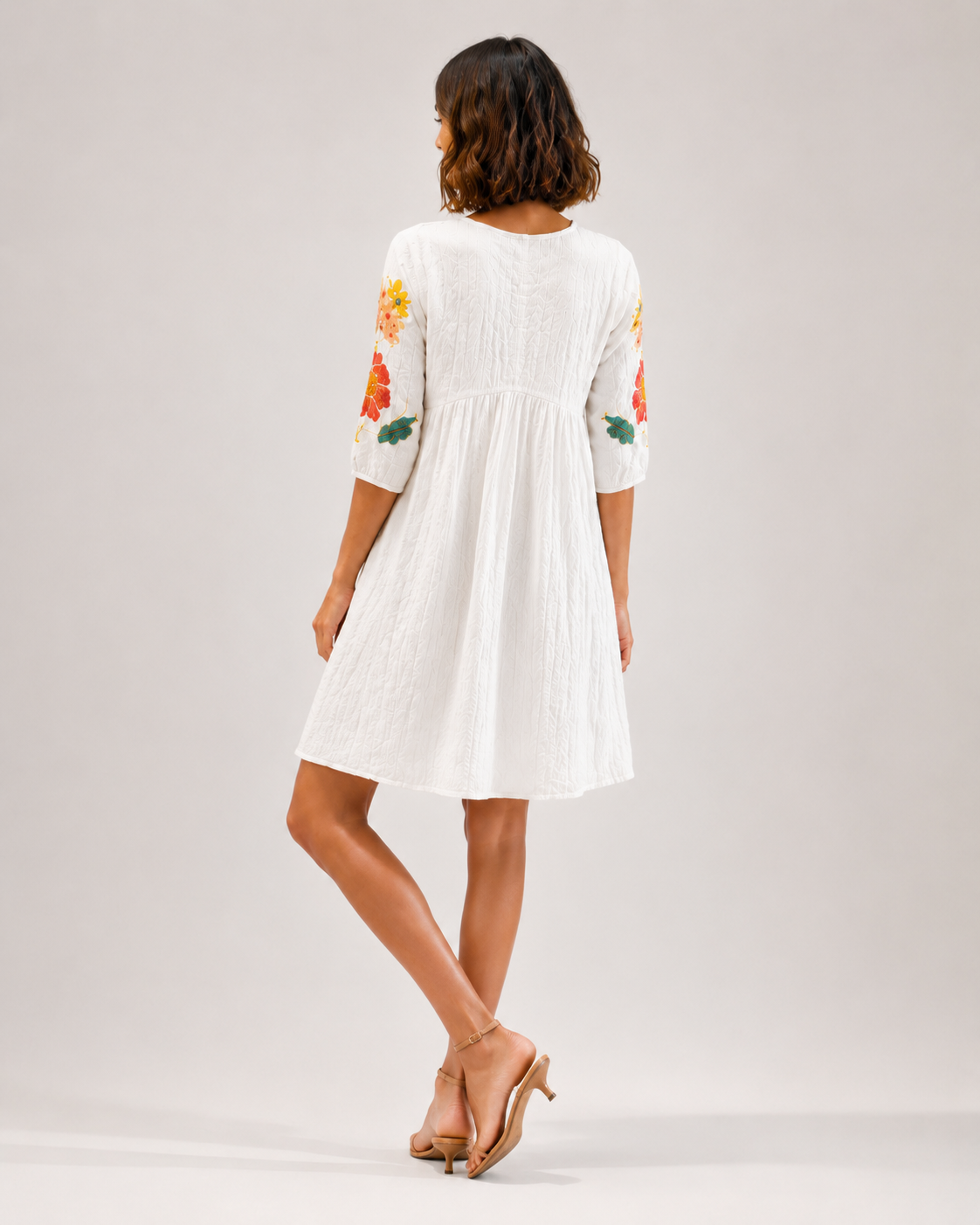 White Floral Embroidered Cotton Short Frock for Women