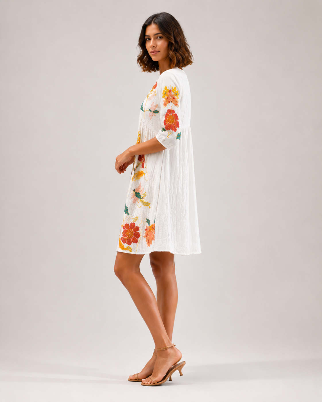 White Floral Embroidered Cotton Short Frock for Women