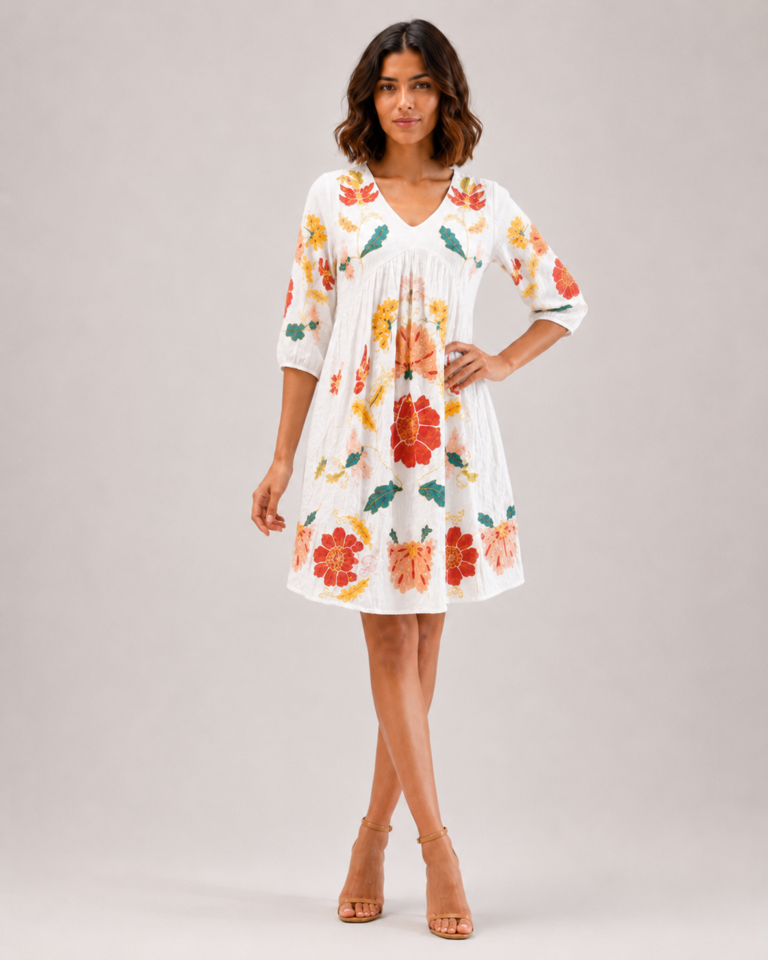 White Floral Embroidered Cotton Short Frock for Women