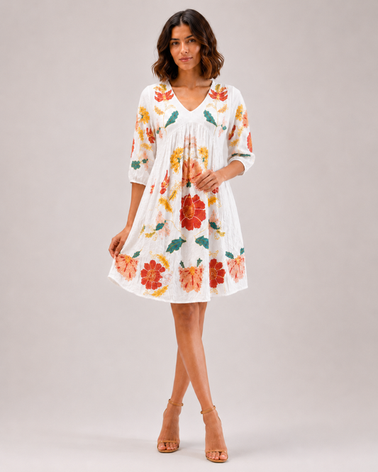 White Floral Embroidered Cotton Short Frock for Women