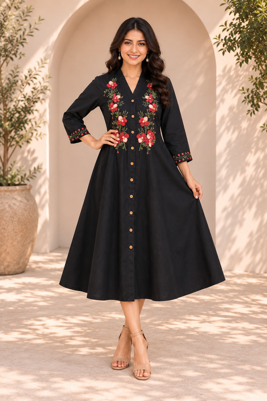 Midnight Camellia – Black Floral Embroidered Midi Dress for Women