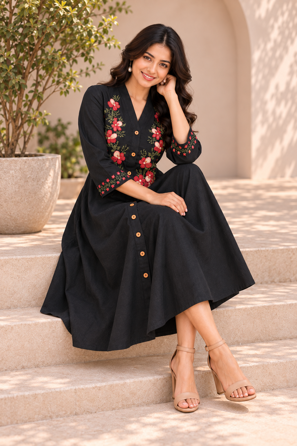 Midnight Camellia – Black Floral Embroidered Midi Dress for Women
