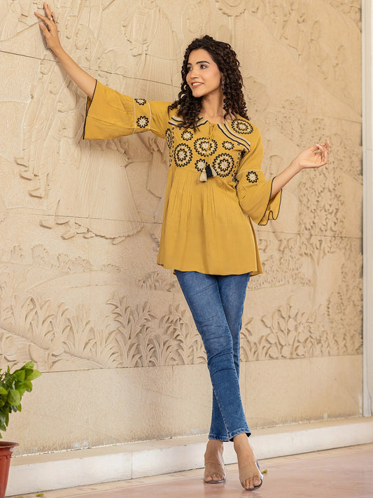 Sunset Embroidery Elegance Rayon Top निवारा (NIVARA)