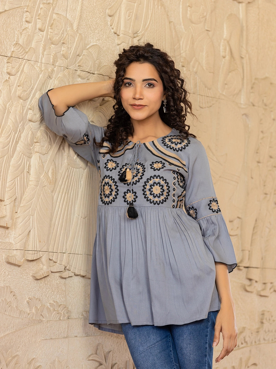 Gray Silver Serenity: Grey Rayon Top निवारा (NIVARA)