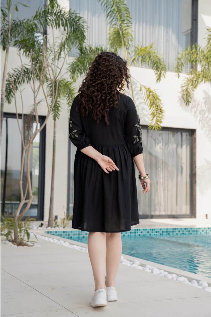 Mystic Allure: Black Cotton Embroidered Dress