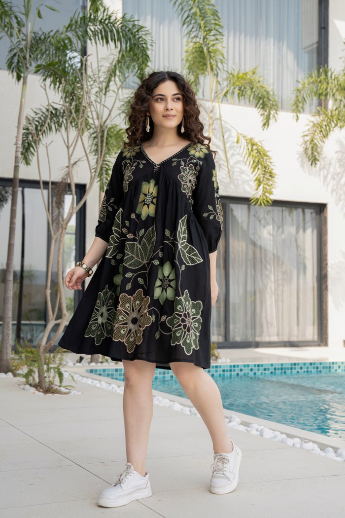 Mystic Allure: Black Cotton Embroidered Dress