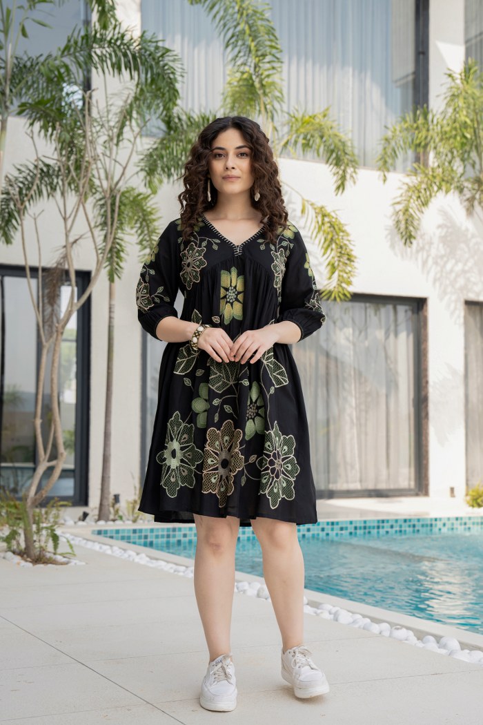 Mystic Allure: Black Cotton Embroidered Dress
