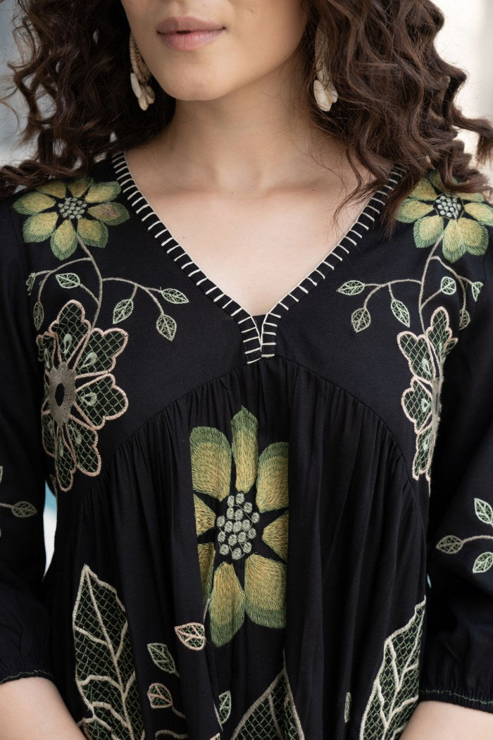 Mystic Allure: Black Cotton Embroidered Dress