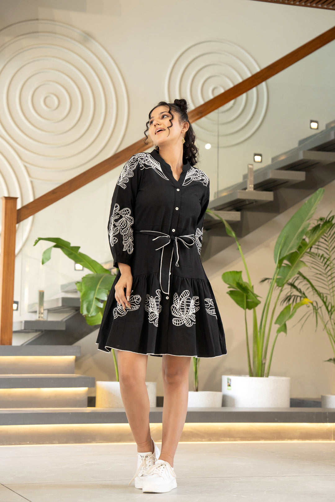 Black Serenity Floral Embroidered Cotton Dress