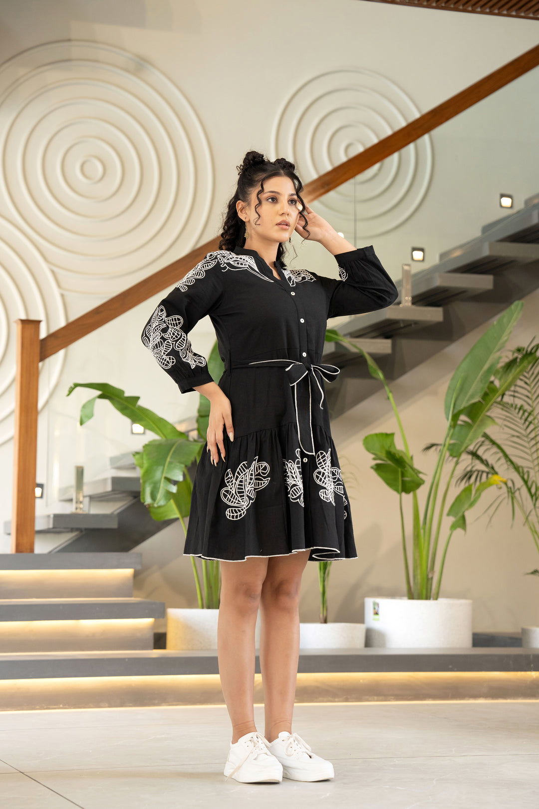 Black Serenity Floral Embroidered Cotton Dress