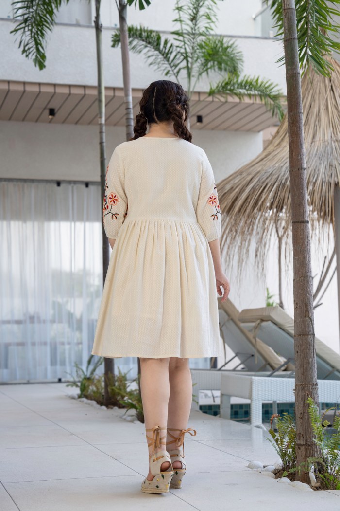 Pure Grace: Off-White Embroidered Cotton Dress