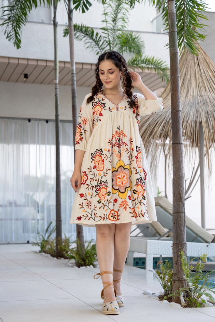 Pure Grace: Off-White Embroidered Cotton Dress