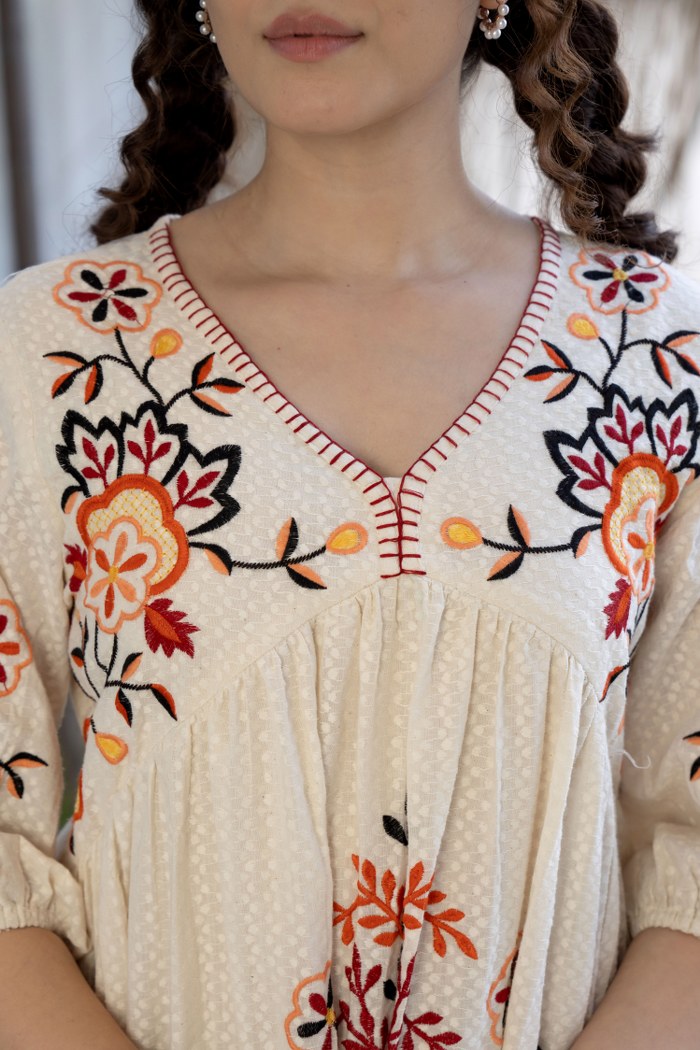 Pure Grace: Off-White Embroidered Cotton Dress