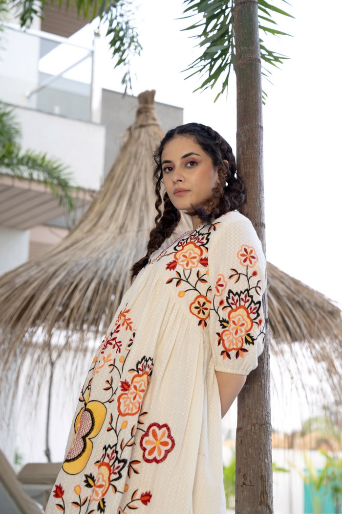 Pure Grace: Off-White Embroidered Cotton Dress
