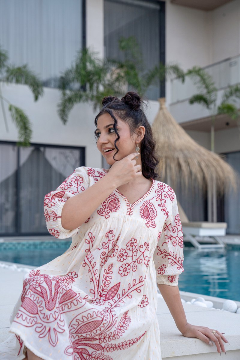 Whimsical Threads: Embroidered Cotton Short Frock Delight