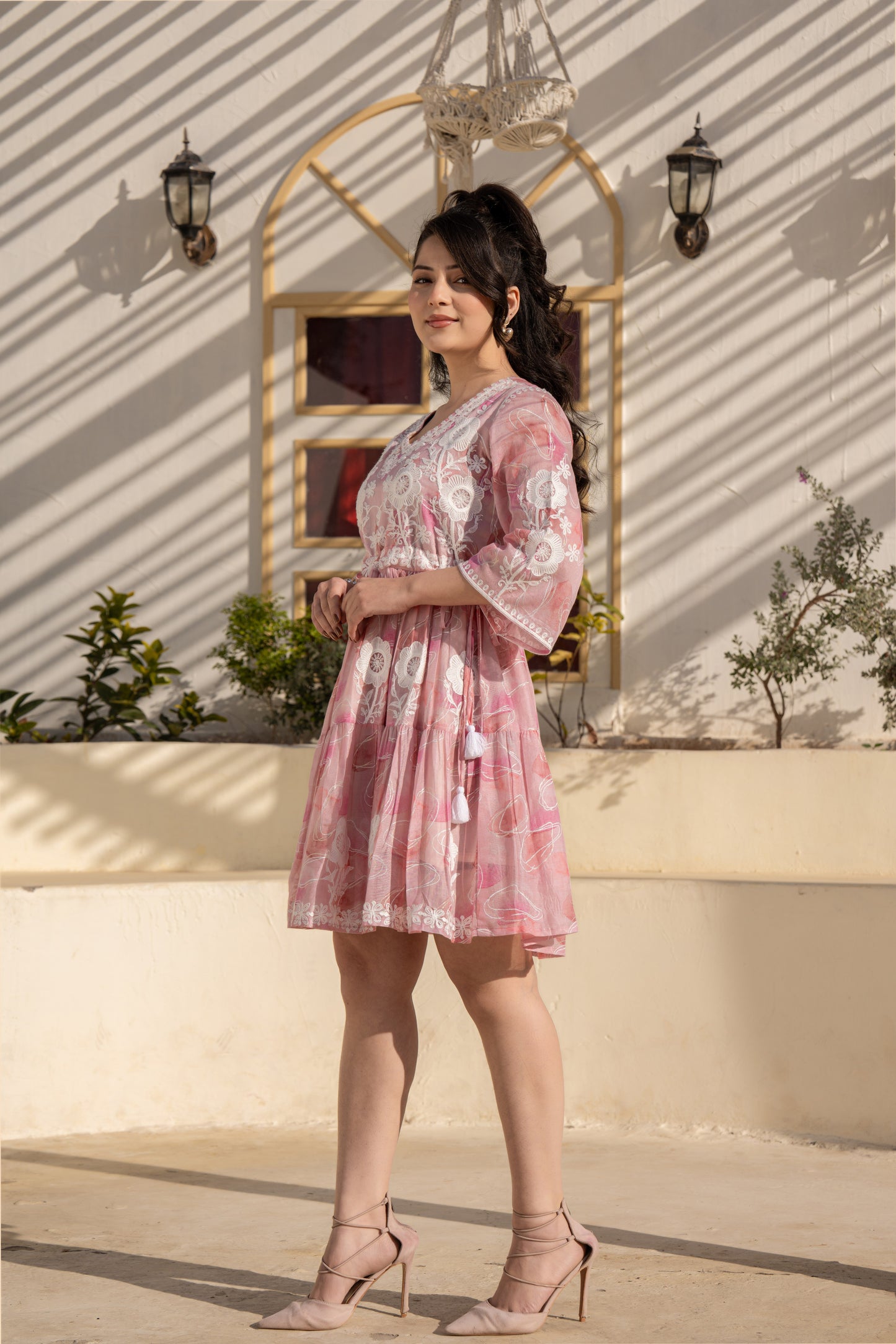 Rose Blush Embroidered Pure Cotton Short Dress