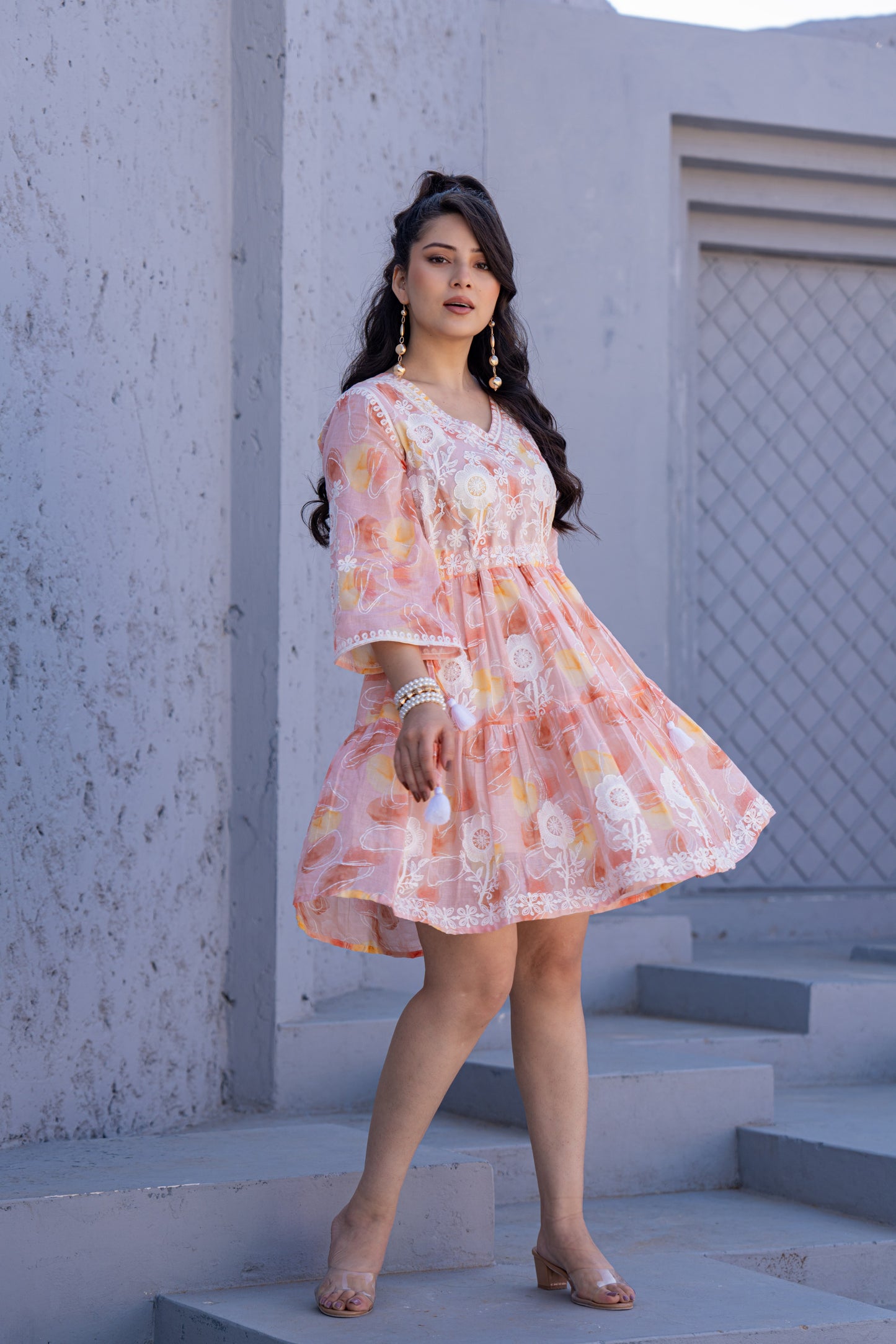 Peach Bloom Embroidered Pure Cotton Short Dress