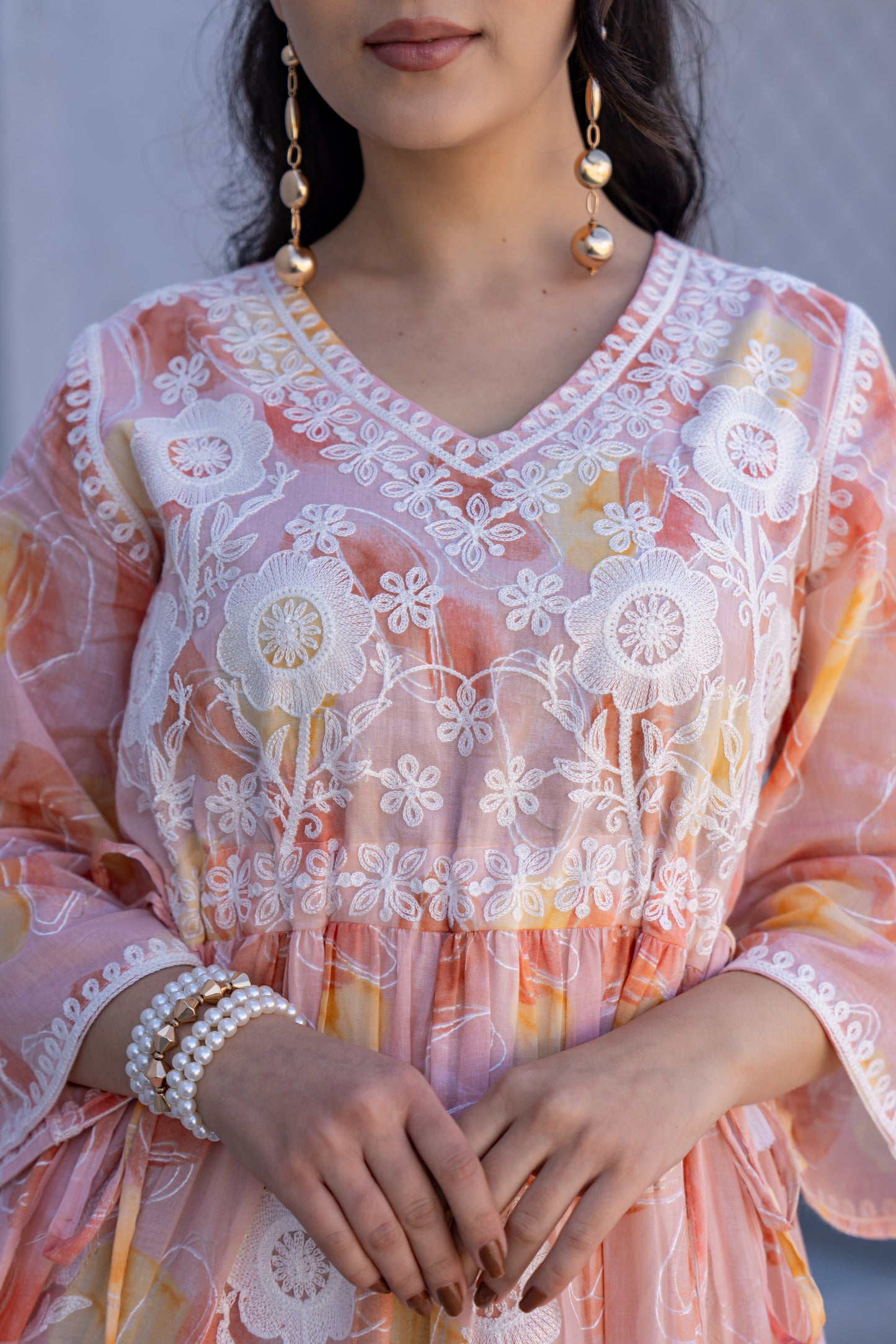 Peach Bloom Embroidered Pure Cotton Short Dress