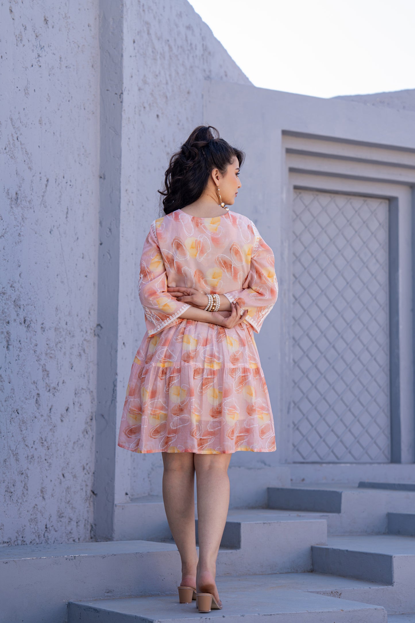 Peach Bloom Embroidered Pure Cotton Short Dress