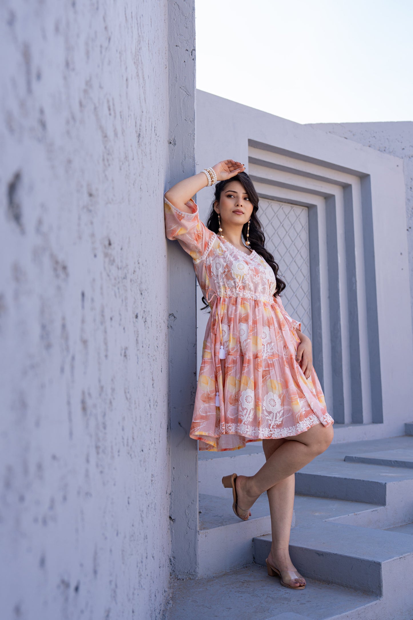 Peach Bloom Embroidered Pure Cotton Short Dress