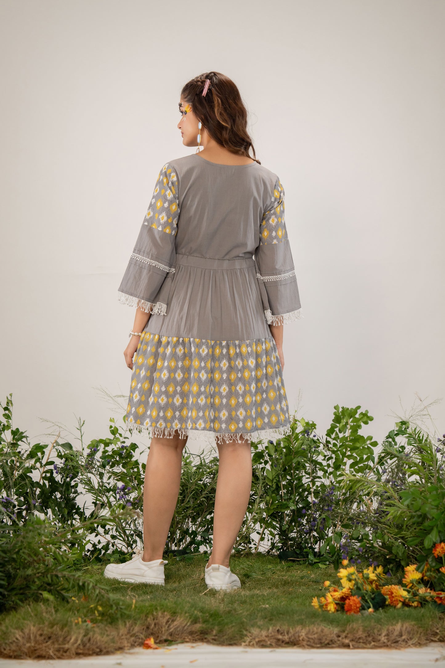 Grey Blossom Embroidered Pure Cotton Short Dress