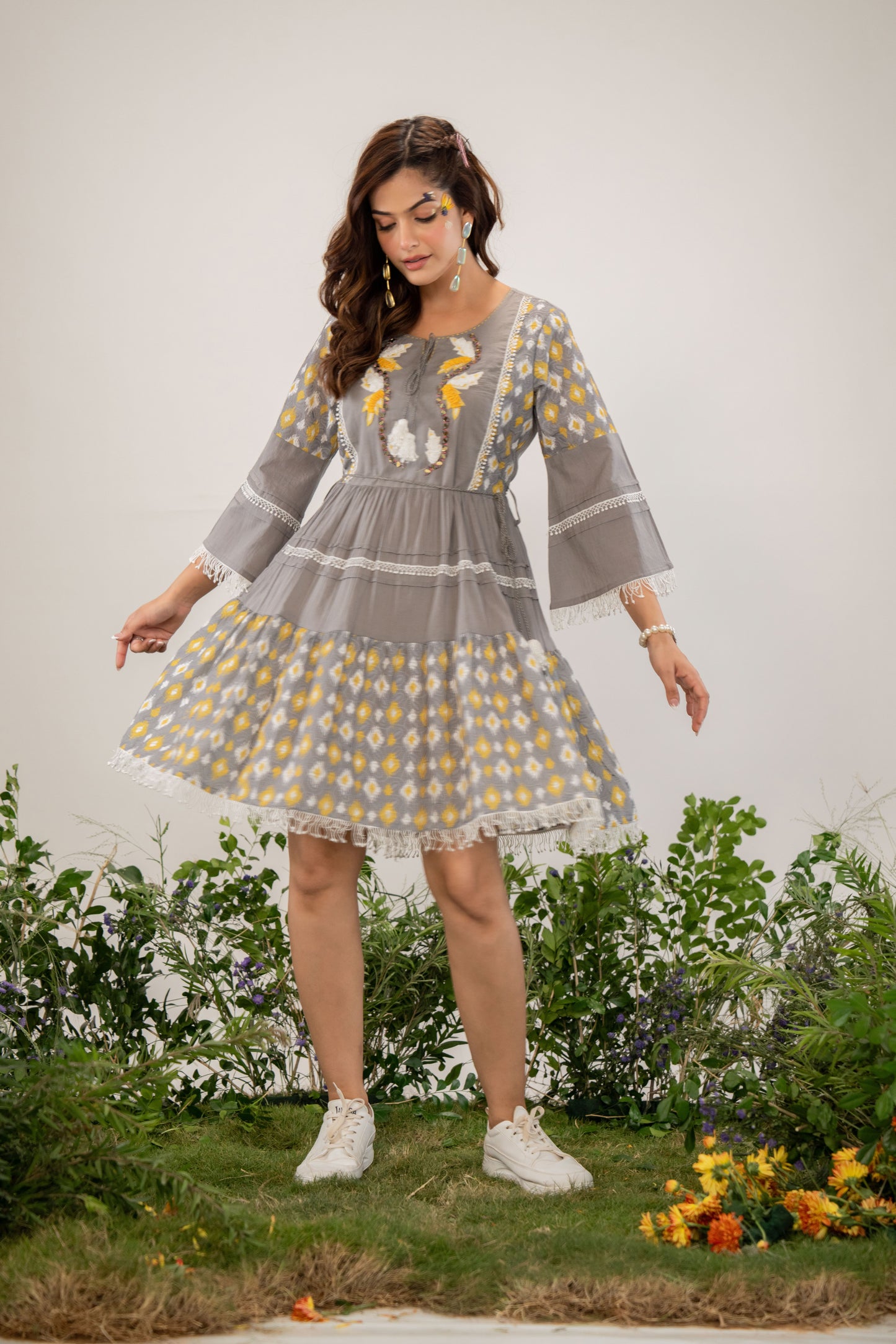Grey Blossom Embroidered Pure Cotton Short Dress